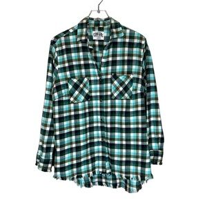 ONE 24 RAGS Women's Large Plaid Long Sleeve Flannel Button Down Shirt Raw Hem